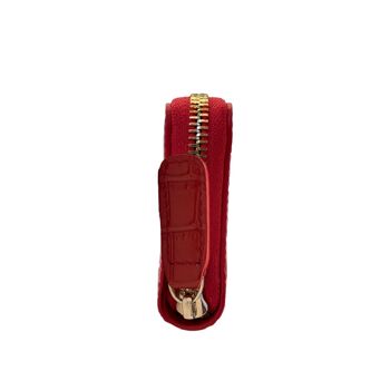 Mini portefeuille zippé en cuir de crocodile rouge embossé 3