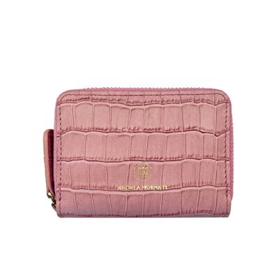 Mini portefeuille zippé en cuir de crocodile embossé rose