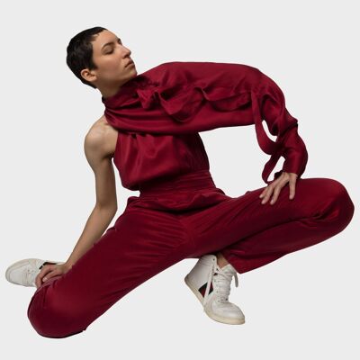 Jumpsuit, red, asymmetric, vegan silk