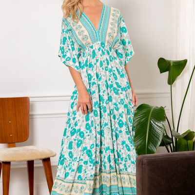 Bohemian print backless long dress with pompoms