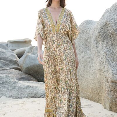 Bohemian print backless long dress with pompoms