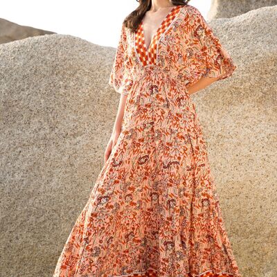 Bohemian print backless long dress with pompoms