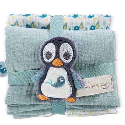 Gauze cloth set of 2 with grasping toy penguin Watschili 9cm