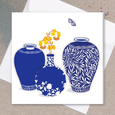 Tarjeta de felicitación, estampados azules - chinoiserie con una rama de flores