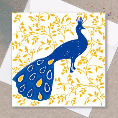Tarjeta de felicitación, impresiones azules - El pavo real azul