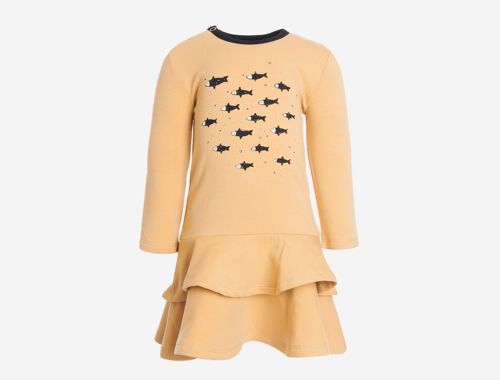 Frilled Dress, Fish print on mustard color