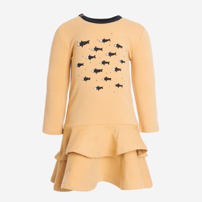 Frilled Dress, Fish print on mustard color