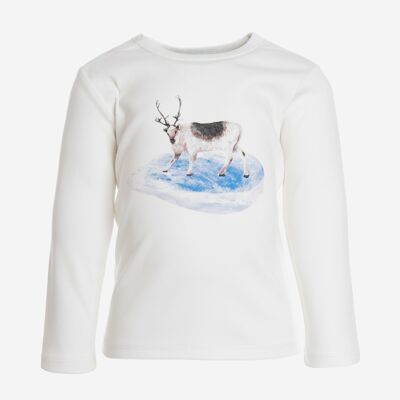 Camiseta de manga larga, blanca con estampado de ciervos árticos en la parte delantera