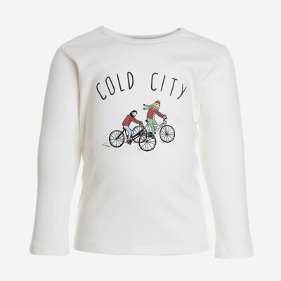 Camiseta de manga larga, blanca con estampado de bicicleta en la parte delantera