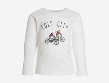 T-shirt à manches longues, blanc avec imprimé vélo sur le devant 1