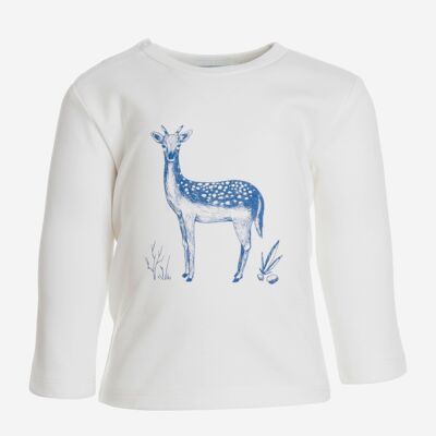 Camiseta de manga larga, blanca con estampado de ciervos en la parte delantera
