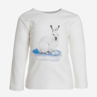 Camiseta de manga larga, blanca con estampado de conejo en la parte delantera