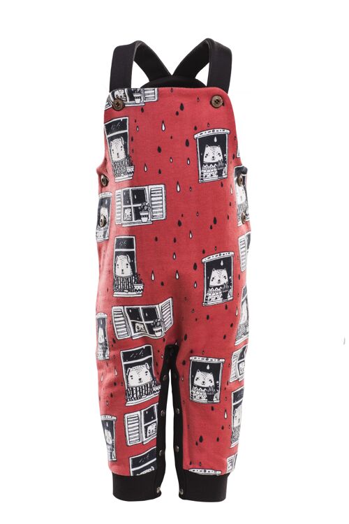 Dungarees, Allover Rain Watchers Print on Red
