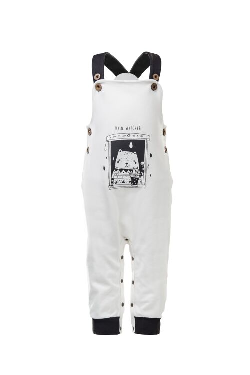 Dungarees, White with Cat Print - 0/3 mo, 56/62 cm