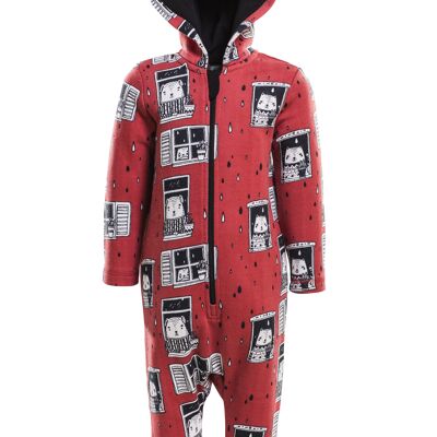 Onesie mit Kapuze, Allover Rain Watchers Print auf Rot