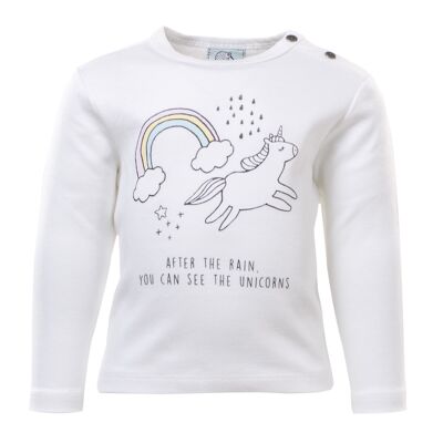 T-shirt à manches longues, blanc avec imprimé licorne devant