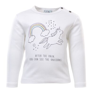 Camiseta de manga larga, blanca con estampado de unicornio en la parte delantera