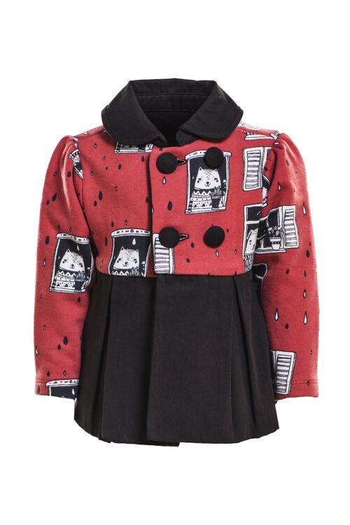Collared Coat, Allover Rain Watchers Print on Red
