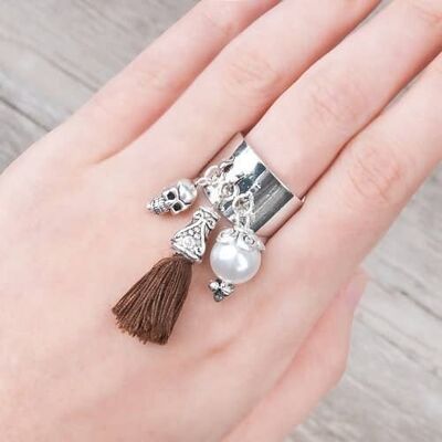 Bohemian ring with pearl tassel charms