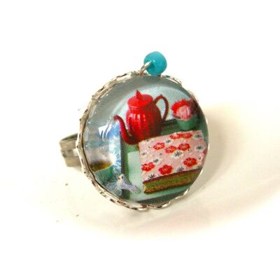 Tea cabochon ring, cup cakes, bohemian chic Japanese flowers