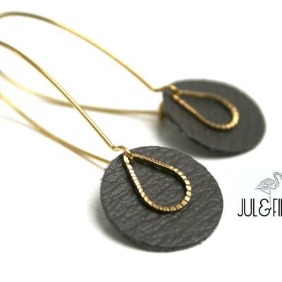 Taupe leather earrings, brass striated drop