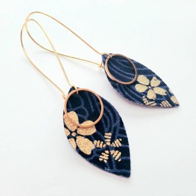 Pendientes de pétalos de tela japonesa, flores azul marino