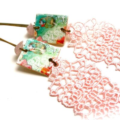 Romantic wooden lace quartz earrings