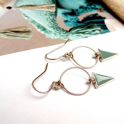 Boucles pendants cercle triangle émail vert de gris