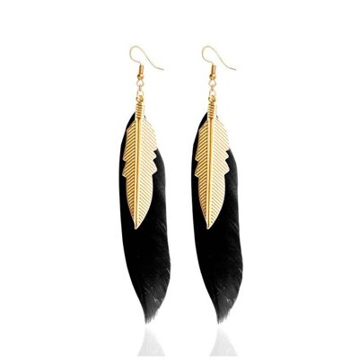 Black feather and brass earrings