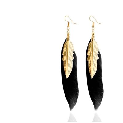 Black feather and brass earrings