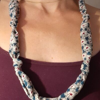 Liberty fabric necklace with duck blue mauve flowers