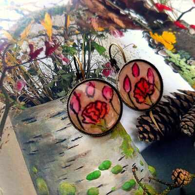 Hand painted watercolor poppy cabochon stud earrings