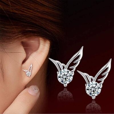 Angel wing stud earrings on cut rhinestones women's gift