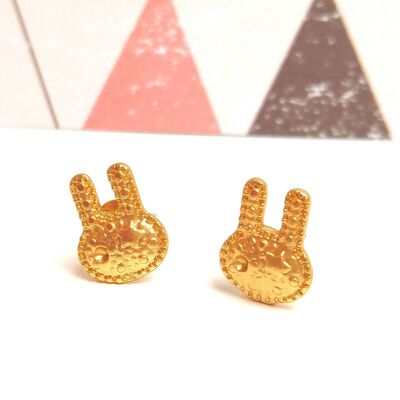 Rabbit studs in hammered golden brass