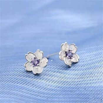 Studs, puces d'oreilles argent 925 fleur zircon améthyste 2