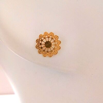 Studs, flower filigree chips gilded brass fine gold