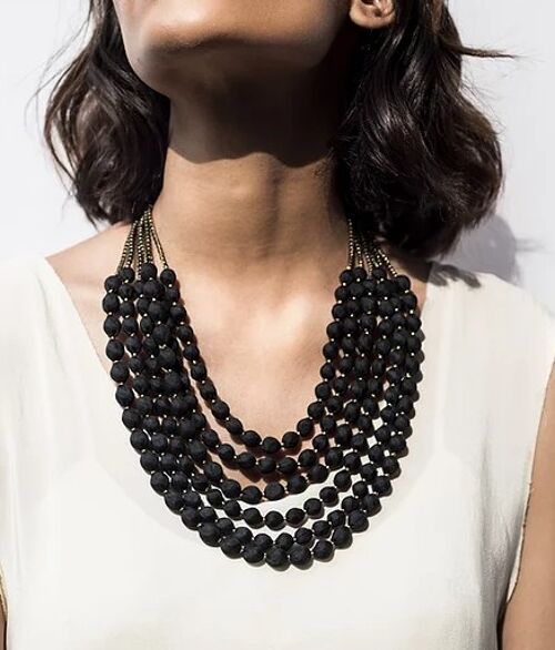 Multi-Strand Beaded Silk Necklace - Black and Silver