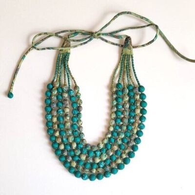 Multi-Layered Beaded Necklace in Blue and Grey