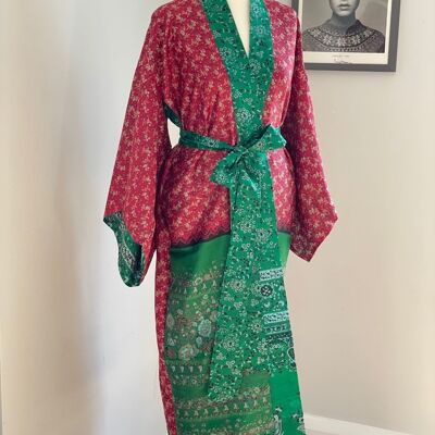Bata Kimono Reversible De Seda - Rojo y Verde