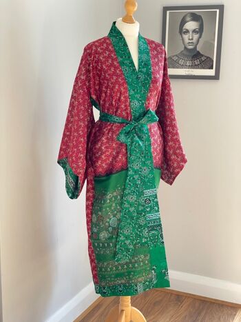 Peignoir Kimono Réversible en Soie - Rouge et Vert 1