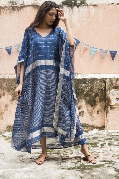 Blue Stripe Linen Kaftan Maxi Dress