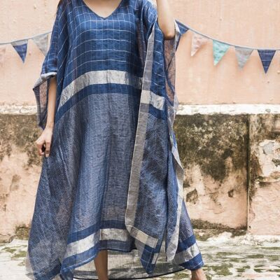 Blue Stripe Linen Kaftan Maxi Dress
