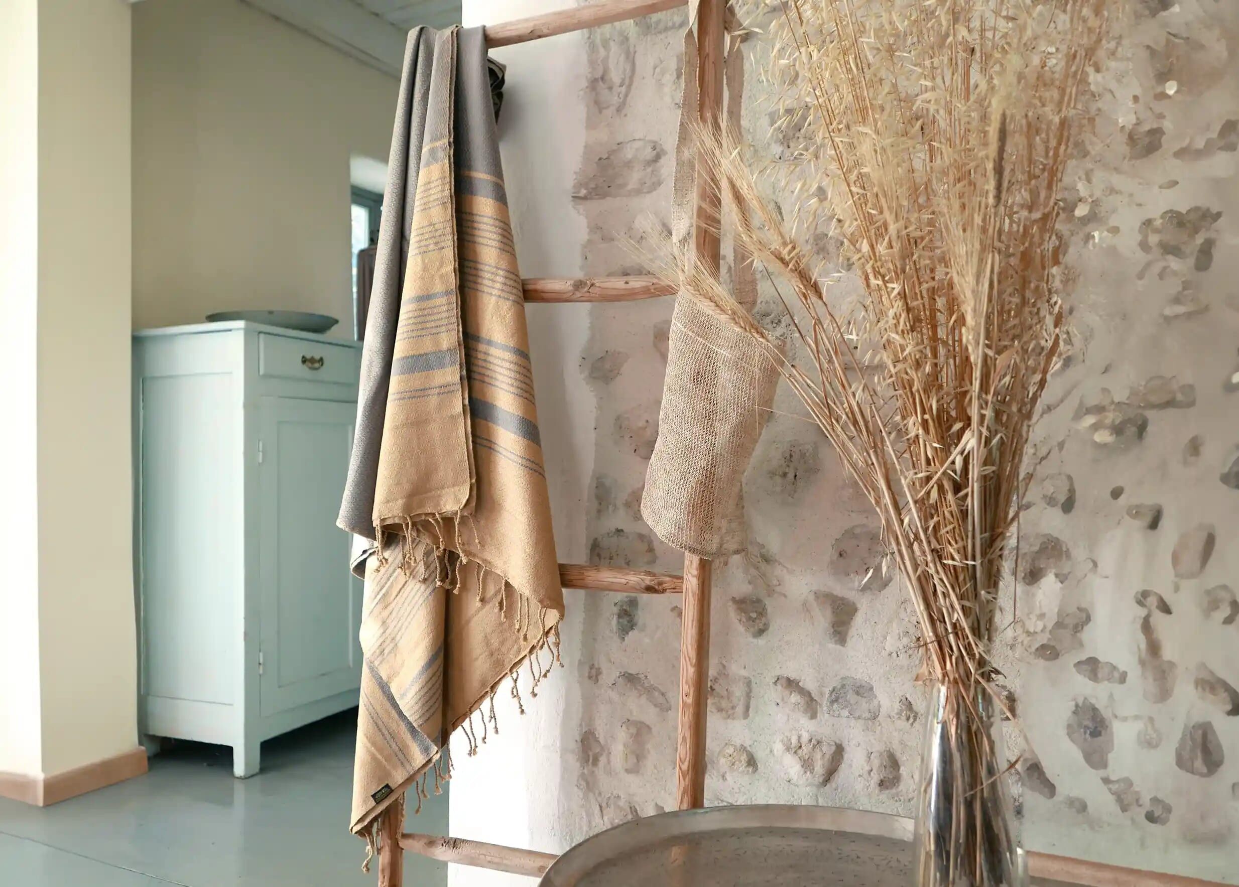 FOUTA IN COTONE ORGANICO - Collezione SABBIA - colore SABBIA E BLU CINESE