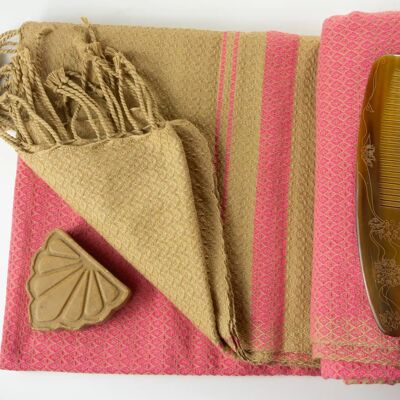 FOUTA DE ALGODÓN ORGÁNICO - Colección ARENA - color ARENA & ROSA INDIO