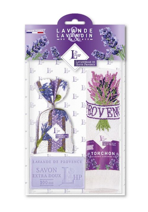 Lot 1 sachet 18 grs Lavender & Lavandin Lavender Fabric + 1 Soap 100grs Lavender + 1 Embroidered Tea Towel
