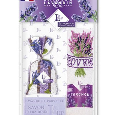 Los 1 Beutel 18 g Lavendel & Lavandin Lavendelstoff + 1 Seife 100 g Lavendel + 1 besticktes Geschirrtuch