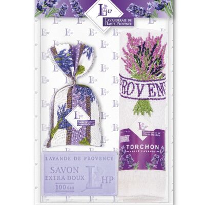 Lot 1 sachet 18 grs Lavender & Lavandin Lavender Fabric + 1 Soap 100grs Lavender + 1 Embroidered Tea Towel