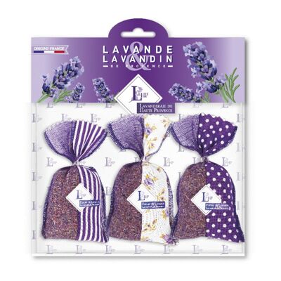 Horizontales Set mit 3 Lavendel- und Lavandin-Beutel 18 g Zweifarbiger violetter Stoff