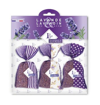 Horizontal set of 3 Lavender and Lavandin sachets 18 grs Two-tone Purple Fabric