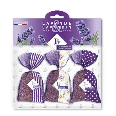 Horizontal set of 3 Lavender and Lavandin sachets 18 grs Two-tone Purple Fabric